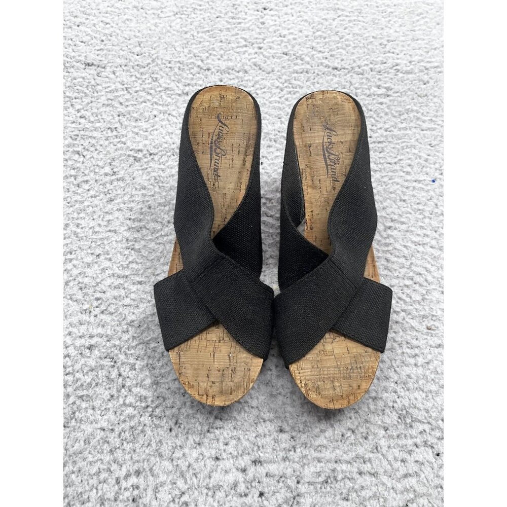 Women's Lucky Brand Miller Black Strap Slip On Cork Wedge Sandals Size 8 - Picture 2 of 13